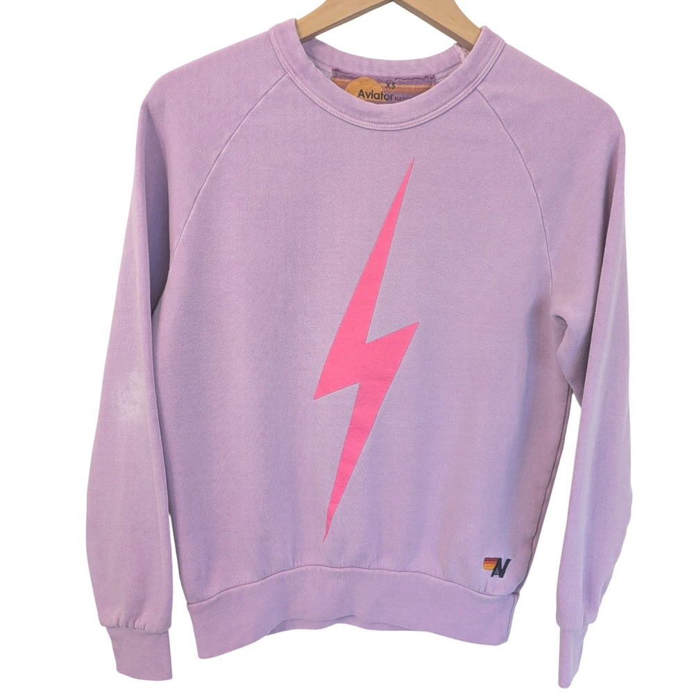 Aviator Nation Lightning Bolt Crew Sweatshirt XS Pink Purple Made in USA Flaw